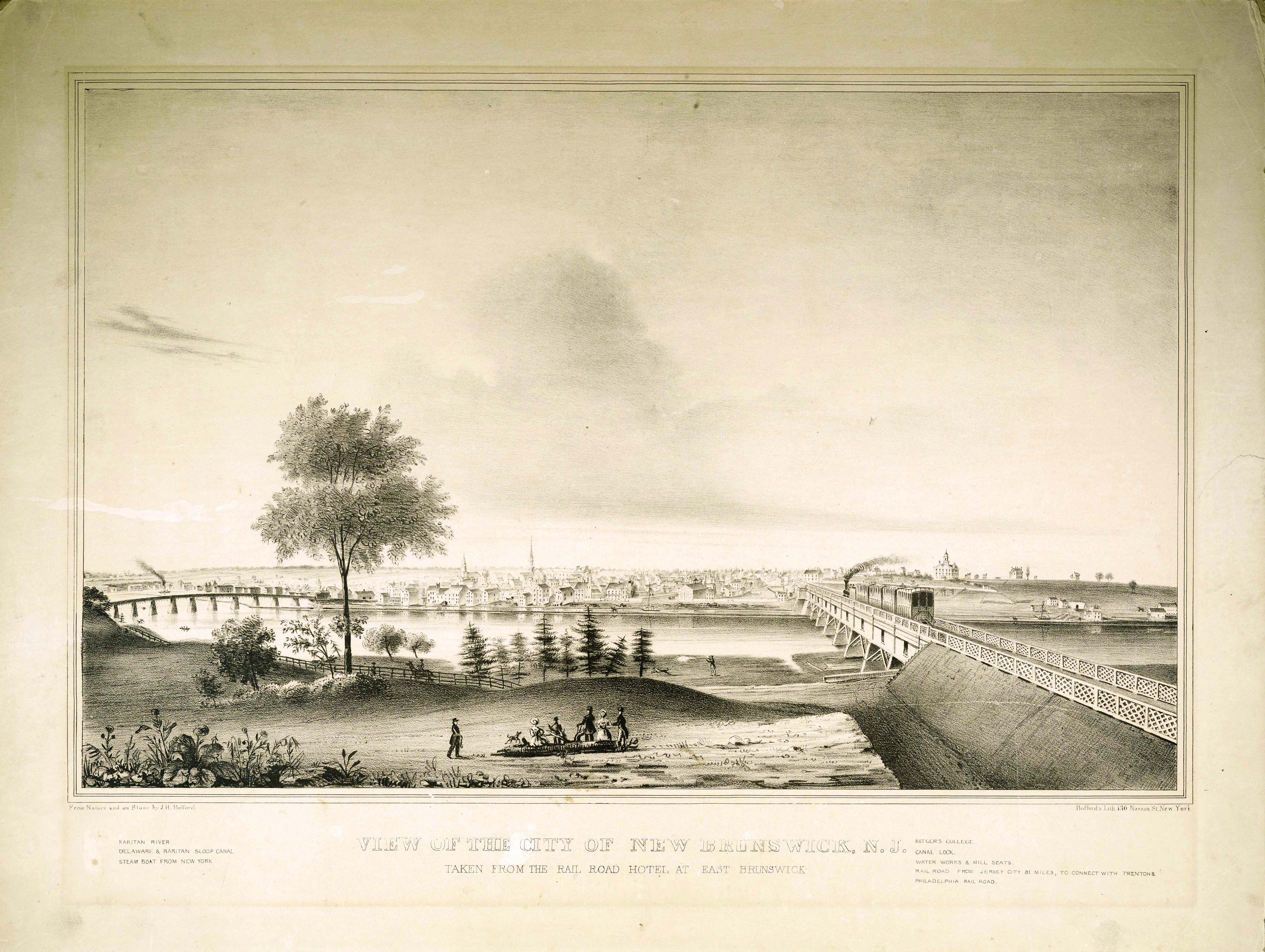 View of New Brunswick by lithographer J.H. Bufford, seen from the Rail Road hotel on the other side of the Raritan River