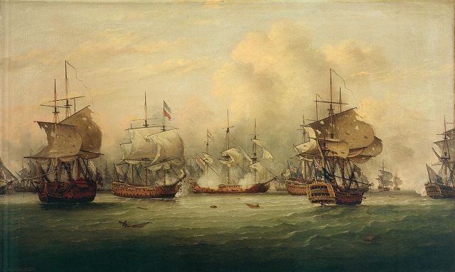 Oil painting of sailing ships with damanged sails in naval battle
